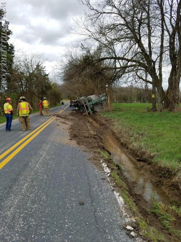 4/24/18 - WFC responded to a tractor trailer on its side on Minebank Rd. No injuries were reported. The road was closed for several hours. Photos by J. Albert