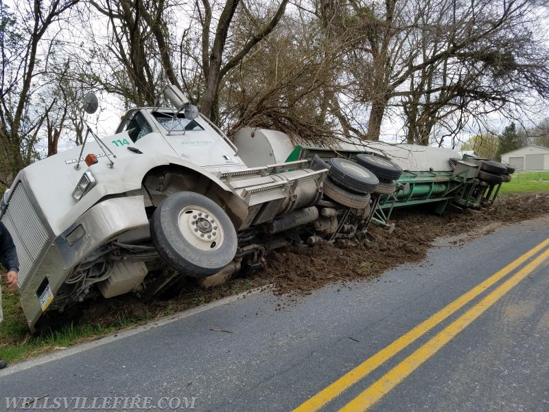 4/24/18 - WFC responded to a tractor trailer on its side on Minebank Rd. No injuries were reported. The road was closed for several hours. Photos by J. Albert