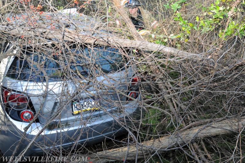 11/28/17, car into woods on Wellsville Road and Harmony Grove Road.  Jaws of Life used.  photos by curt werner