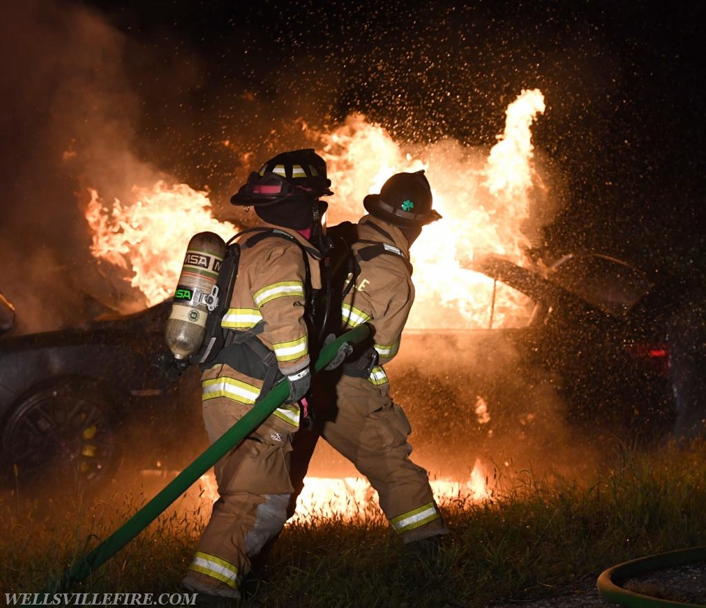 08/18/18, car fire on Old York Road early in morning, :56 a.m.  Wellsville firefighters attack blaze.  photos by curt werner