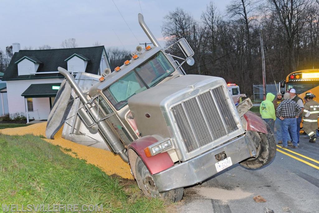 On Tuesday evening, November 19, a school bus and tractor trailer hauling corn collided at the intersection of Ridge Road and Bentz Mill Road.  photos by curt werner