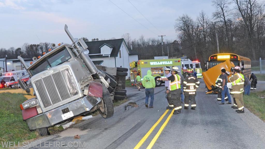 On Tuesday evening, November 19, a school bus and tractor trailer hauling corn collided at the intersection of Ridge Road and Bentz Mill Road.  photos by curt werner