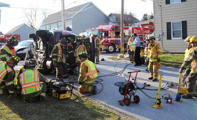 Two vehicle accident on E. Cabin Hollow rd & N. Baltimore St.  with entrapment. photos by Curt Werner