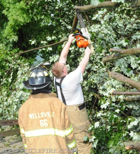 On Tuesday, June 28, 4:01 p.m., Wellsville Fire Company responded to a large tree knocked down by high winds in Warrington Township, Poplar Road.  The tree just missed falling into the house.  No injuries.   Photos by Curt Werner